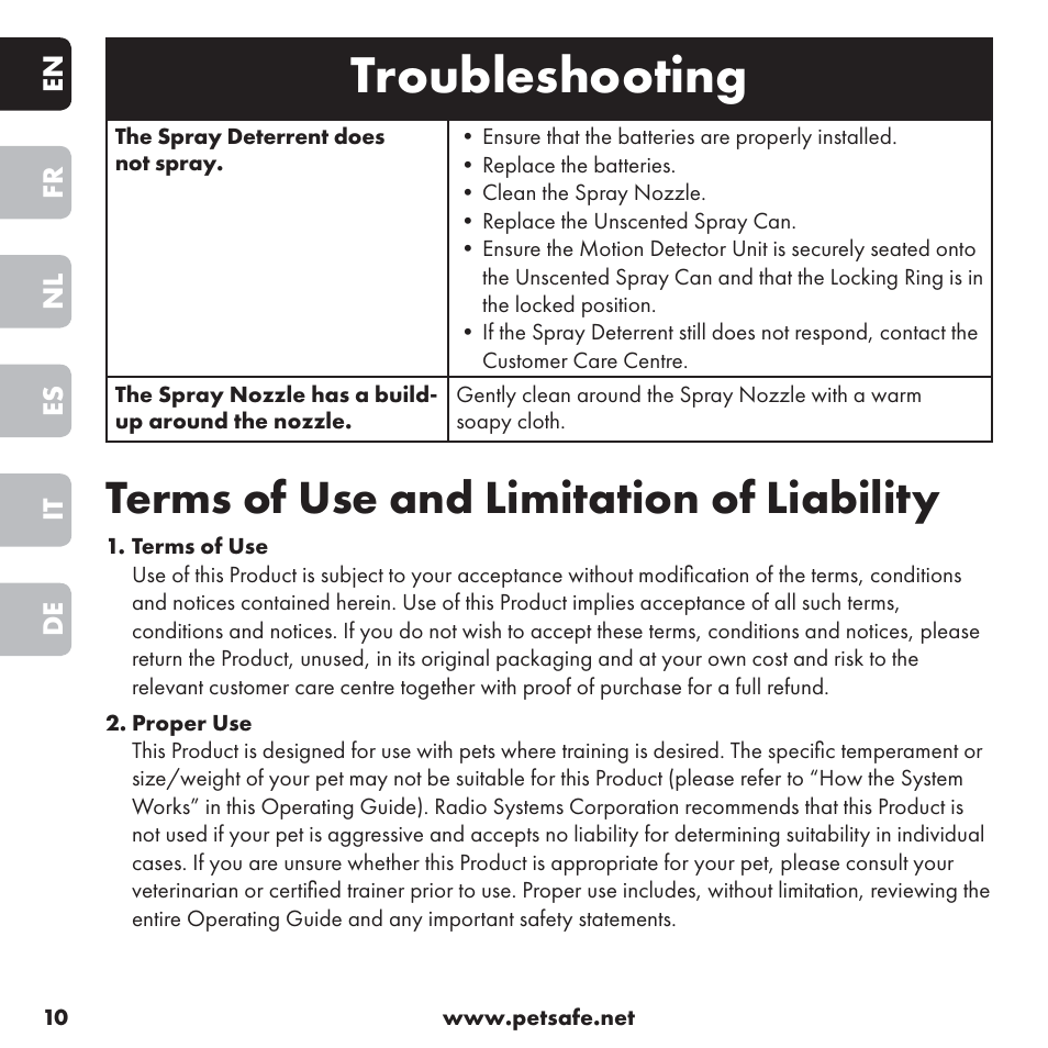 Troubleshooting, Terms of use and limitation of liability | Petsafe ssscat™ Spray Deterrent User Manual | Page 10 / 76