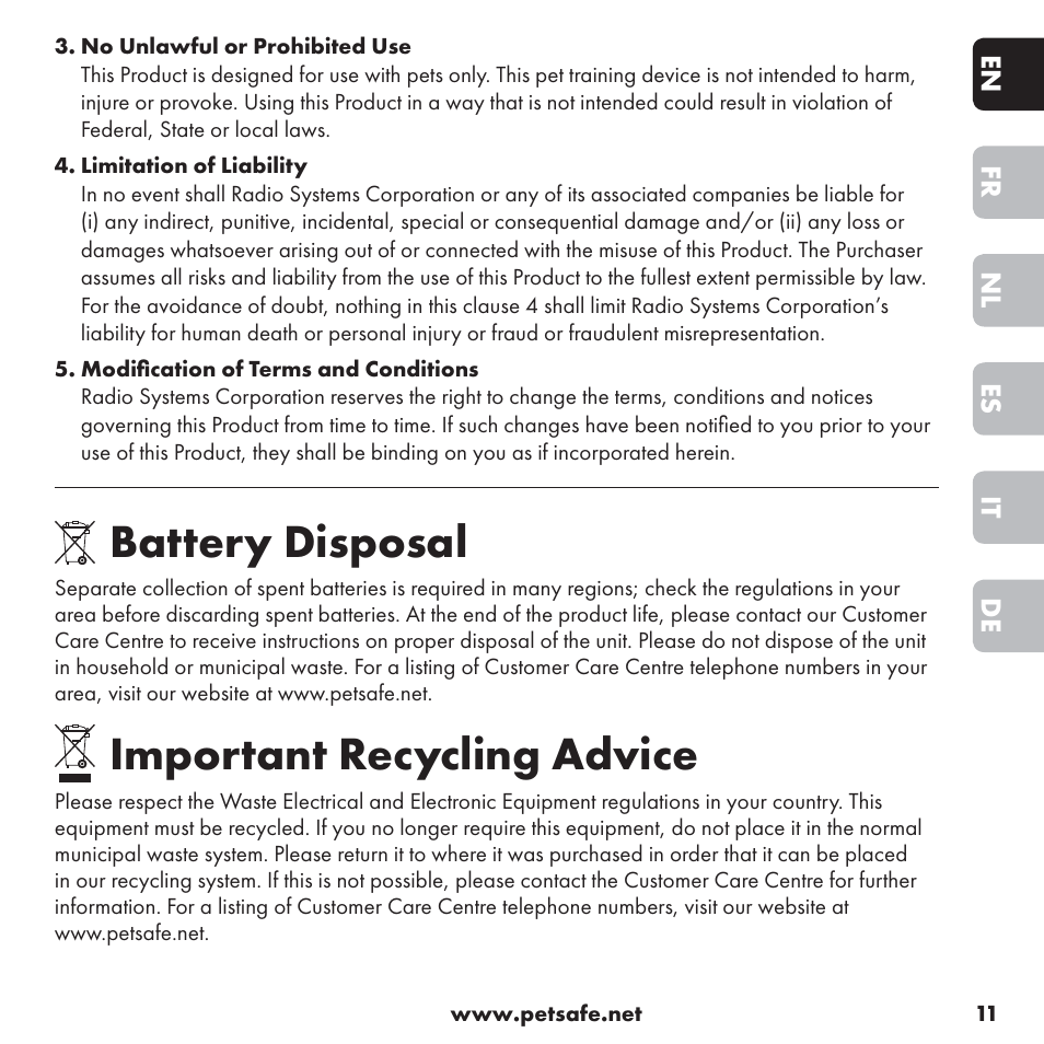 Battery disposal, Important recycling advice | Petsafe ssscat™ Spray Deterrent User Manual | Page 11 / 76