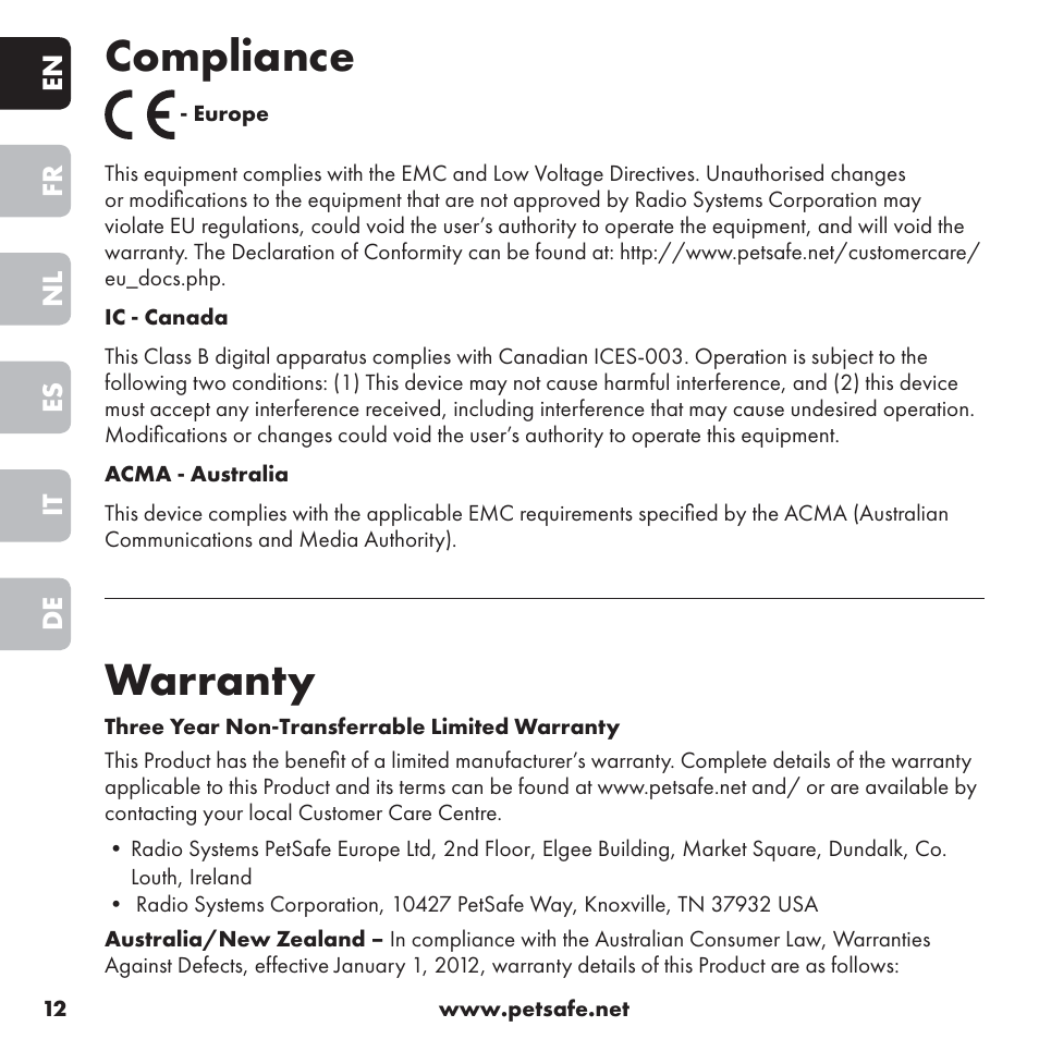 Compliance, Warranty | Petsafe ssscat™ Spray Deterrent User Manual | Page 12 / 76