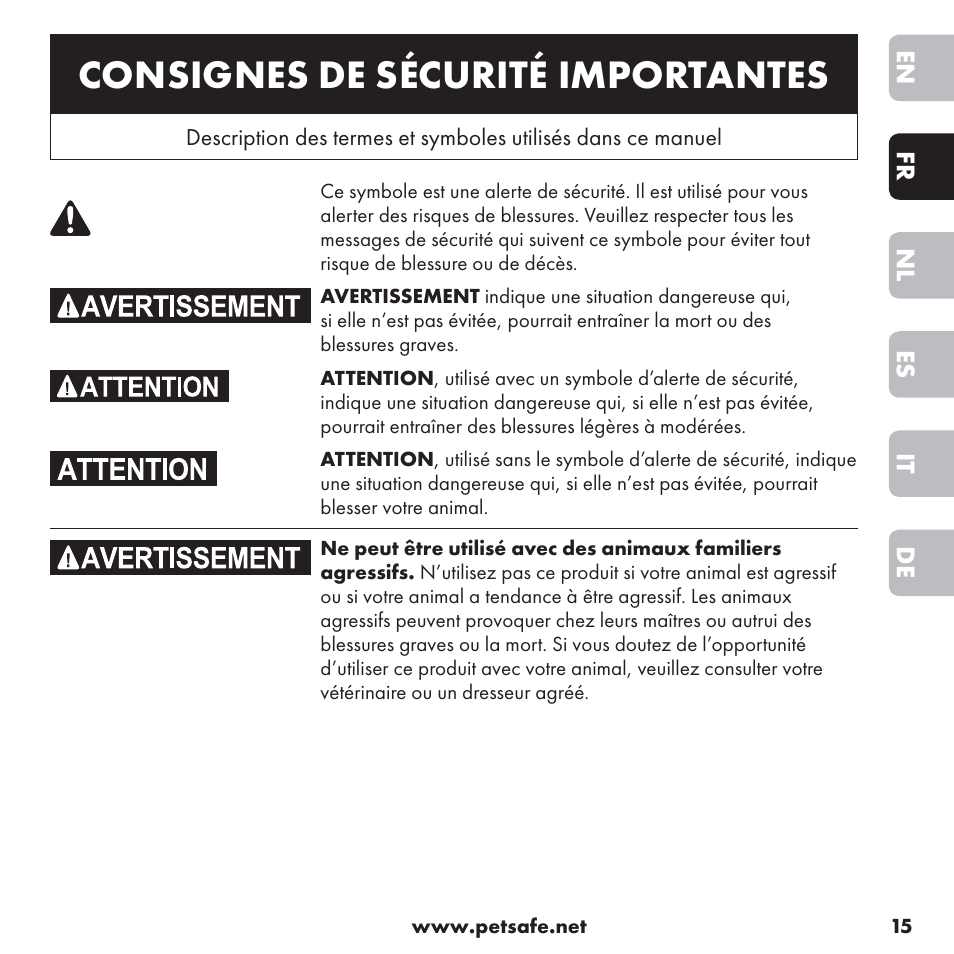 Consignes de sécurité importantes | Petsafe ssscat™ Spray Deterrent User Manual | Page 15 / 76