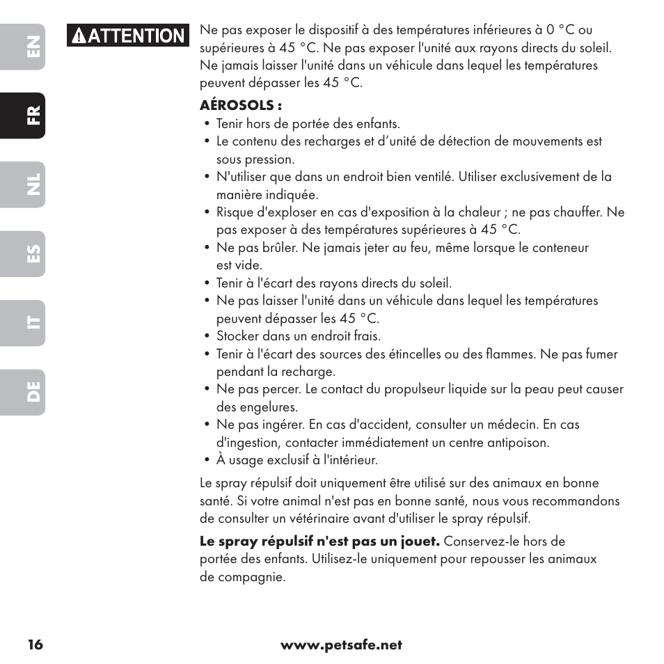 En fr nl es it de | Petsafe ssscat™ Spray Deterrent User Manual | Page 16 / 76