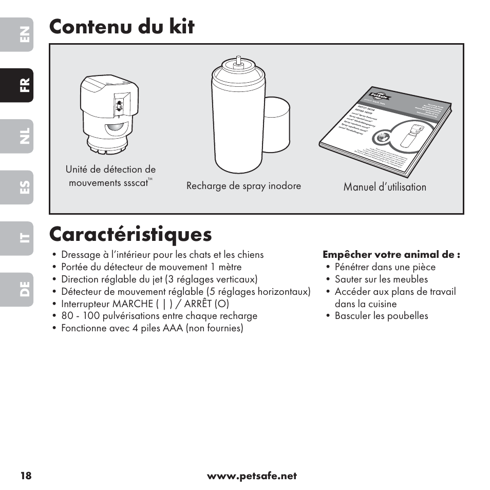 Contenu du kit, Caractéristiques | Petsafe ssscat™ Spray Deterrent User Manual | Page 18 / 76