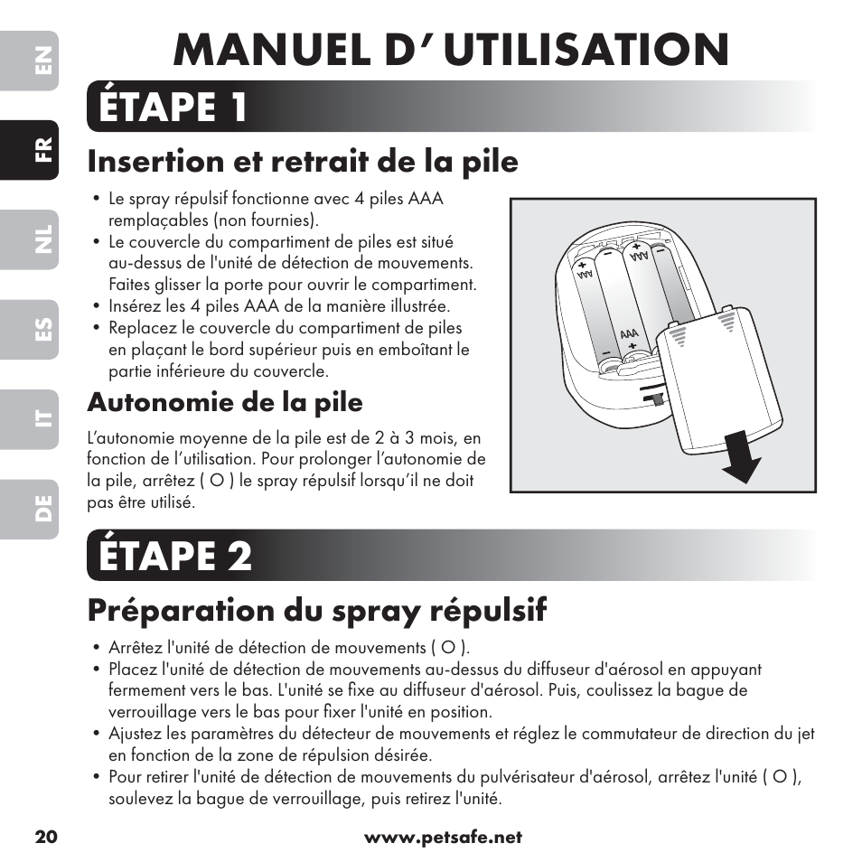 Manuel d’utilisation, Étape 1, Étape 2 | Insertion et retrait de la pile, Préparation du spray répulsif, Autonomie de la pile | Petsafe ssscat™ Spray Deterrent User Manual | Page 20 / 76