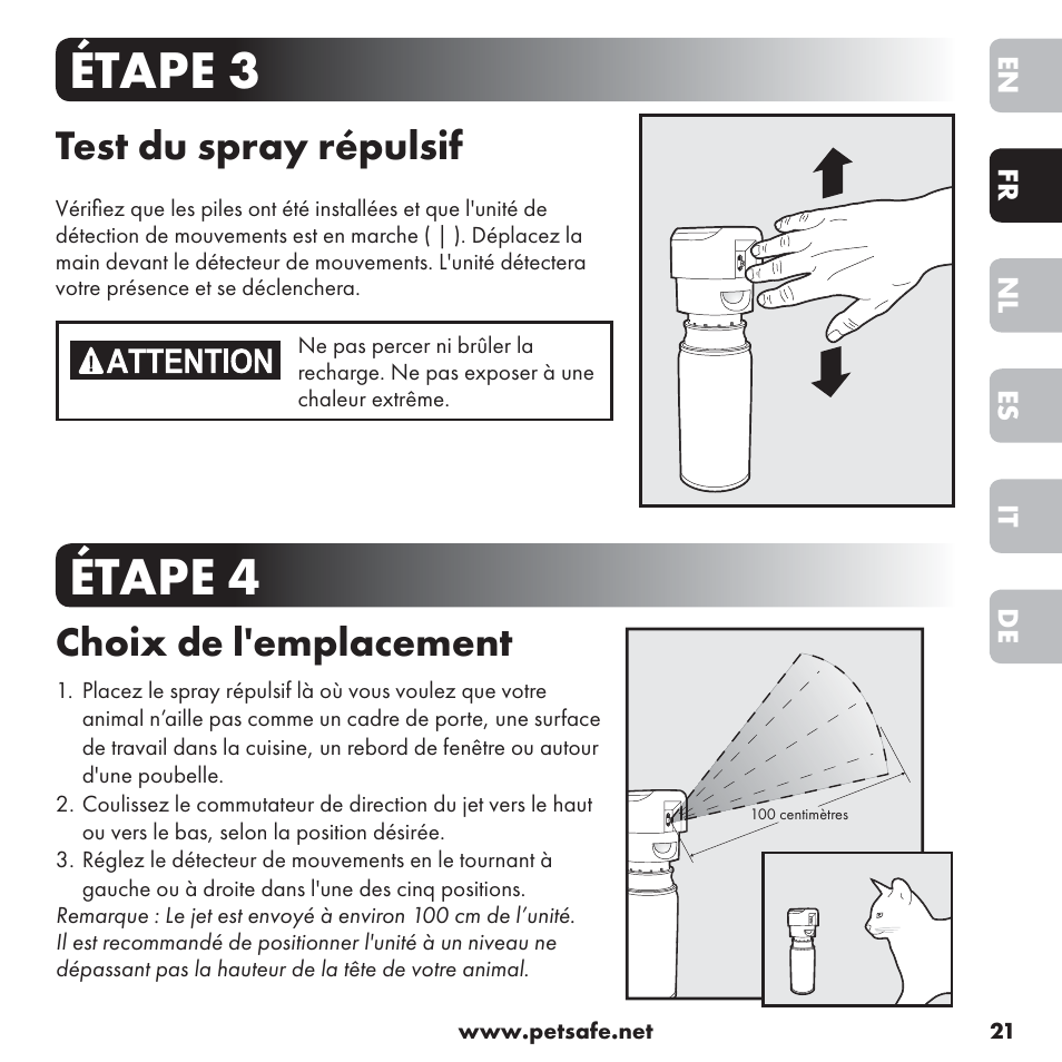 Étape 3 étape 4, Test du spray répulsif, Choix de l'emplacement | Petsafe ssscat™ Spray Deterrent User Manual | Page 21 / 76