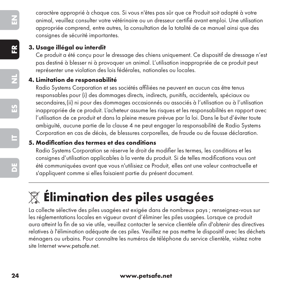 Élimination des piles usagées | Petsafe ssscat™ Spray Deterrent User Manual | Page 24 / 76