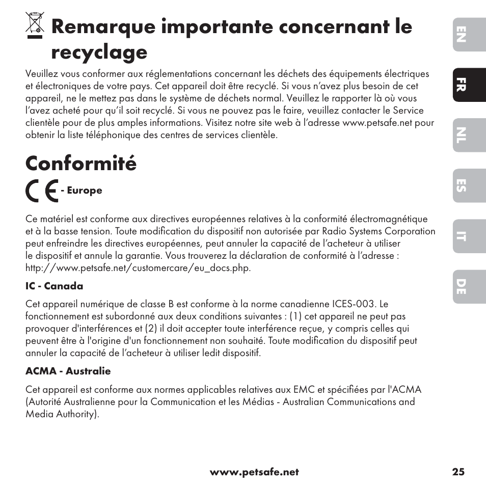 Remarque importante concernant le recyclage, Conformité | Petsafe ssscat™ Spray Deterrent User Manual | Page 25 / 76