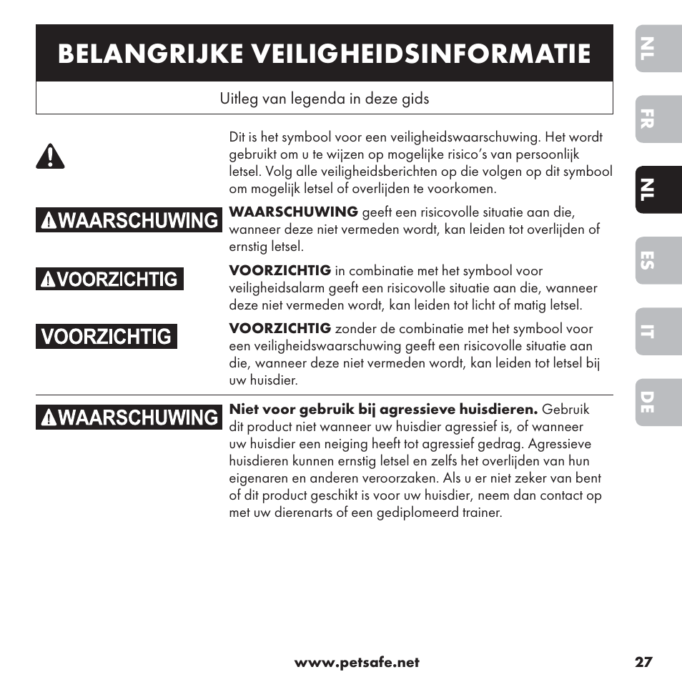 Belangrijke veiligheidsinformatie | Petsafe ssscat™ Spray Deterrent User Manual | Page 27 / 76