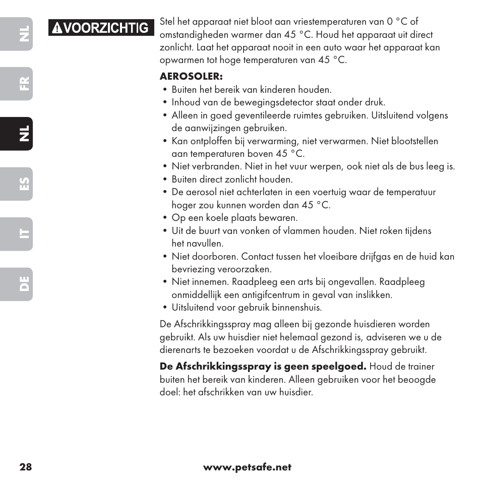 Nl fr nl es it de | Petsafe ssscat™ Spray Deterrent User Manual | Page 28 / 76