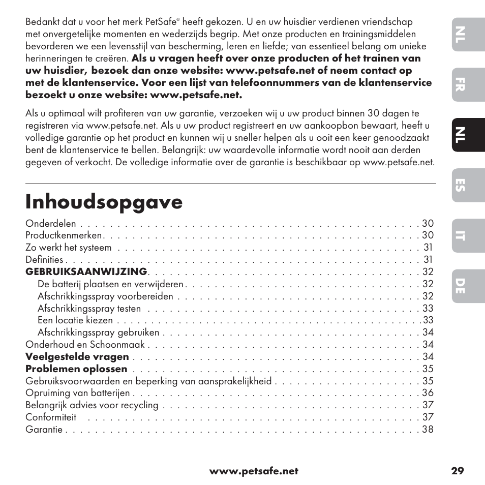 Inhoudsopgave | Petsafe ssscat™ Spray Deterrent User Manual | Page 29 / 76