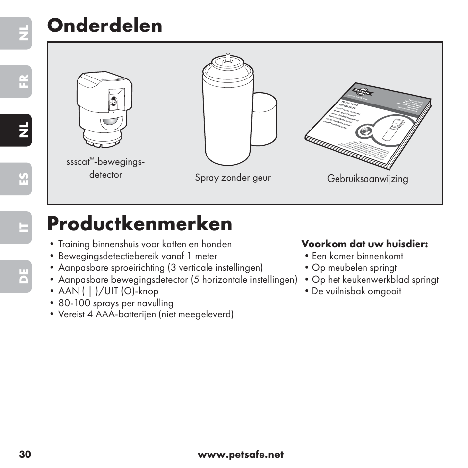 Onderdelen, Productkenmerken | Petsafe ssscat™ Spray Deterrent User Manual | Page 30 / 76