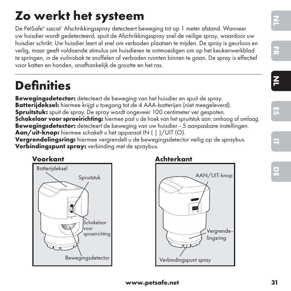 Zo werkt het systeem, Deﬁ nities, De it es nl fr nl | Petsafe ssscat™ Spray Deterrent User Manual | Page 31 / 76