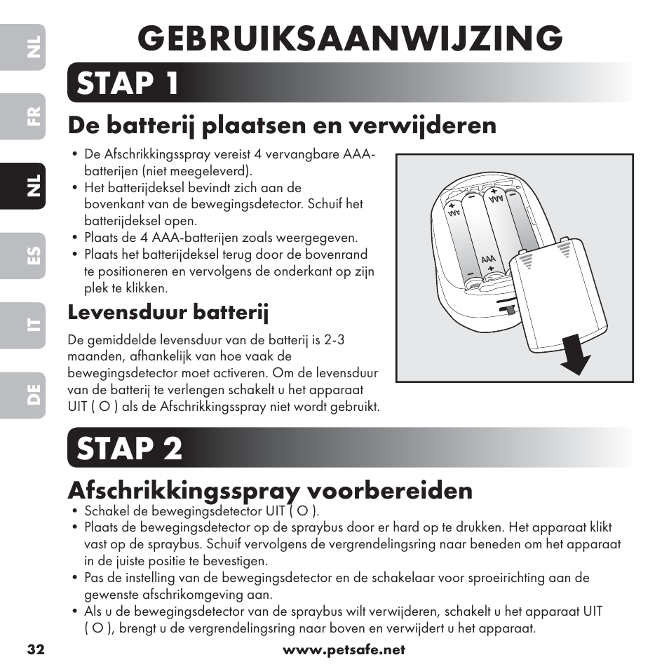 Gebruiksaanwijzing, Stap 1, Stap 2 | De batterij plaatsen en verwijderen, Afschrikkingsspray voorbereiden, Levensduur batterij | Petsafe ssscat™ Spray Deterrent User Manual | Page 32 / 76