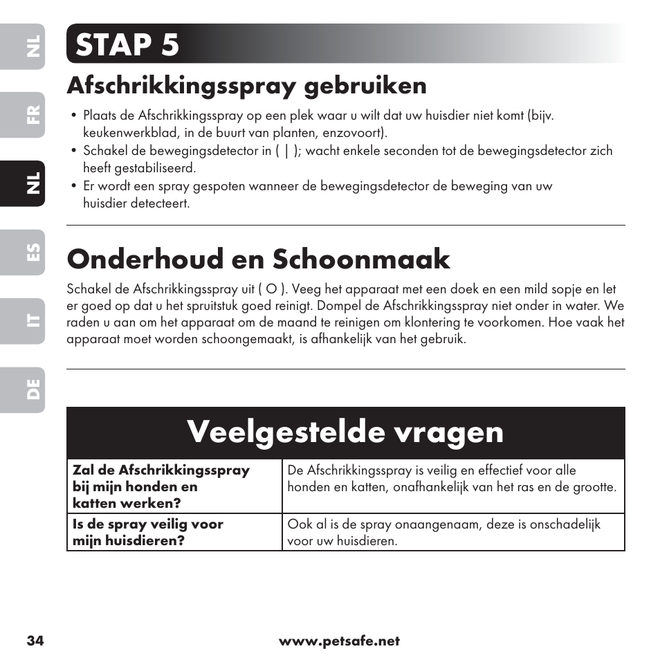 Veelgestelde vragen, Stap 5, Onderhoud en schoonmaak | Afschrikkingsspray gebruiken | Petsafe ssscat™ Spray Deterrent User Manual | Page 34 / 76