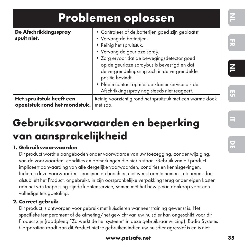 Problemen oplossen | Petsafe ssscat™ Spray Deterrent User Manual | Page 35 / 76