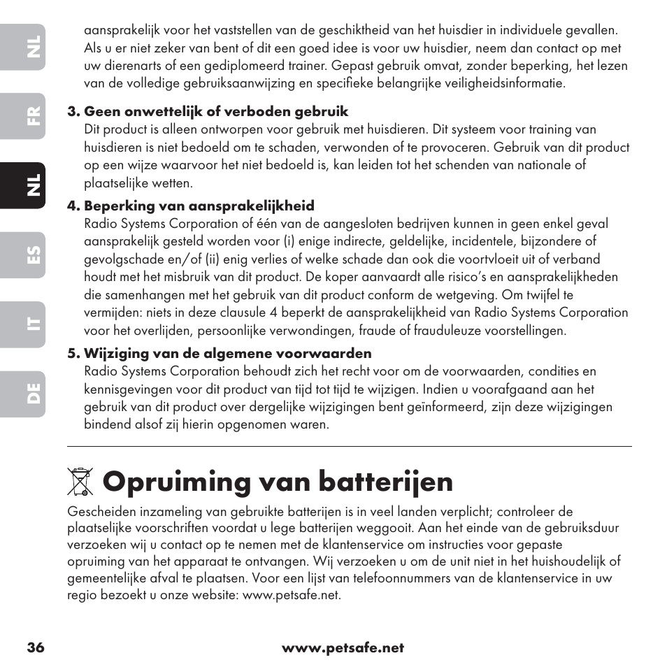 Opruiming van batterijen | Petsafe ssscat™ Spray Deterrent User Manual | Page 36 / 76