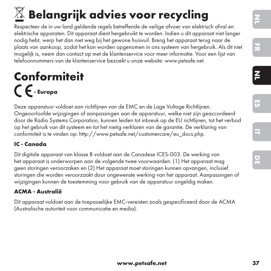 Belangrijk advies voor recycling, Conformiteit | Petsafe ssscat™ Spray Deterrent User Manual | Page 37 / 76