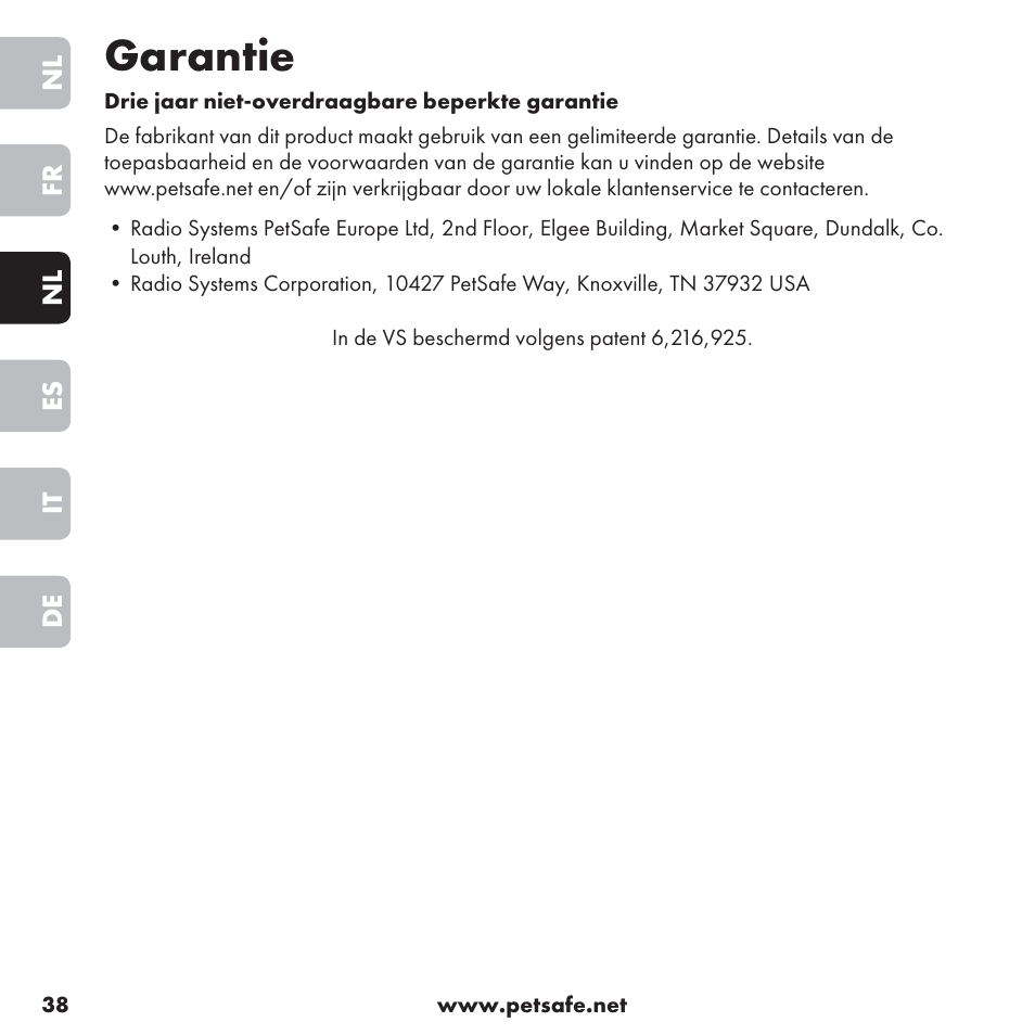 Garantie | Petsafe ssscat™ Spray Deterrent User Manual | Page 38 / 76