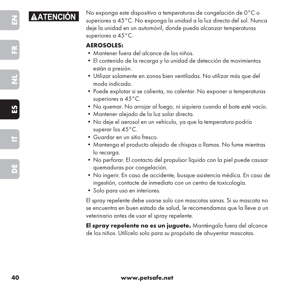 En fr nl es it de | Petsafe ssscat™ Spray Deterrent User Manual | Page 40 / 76