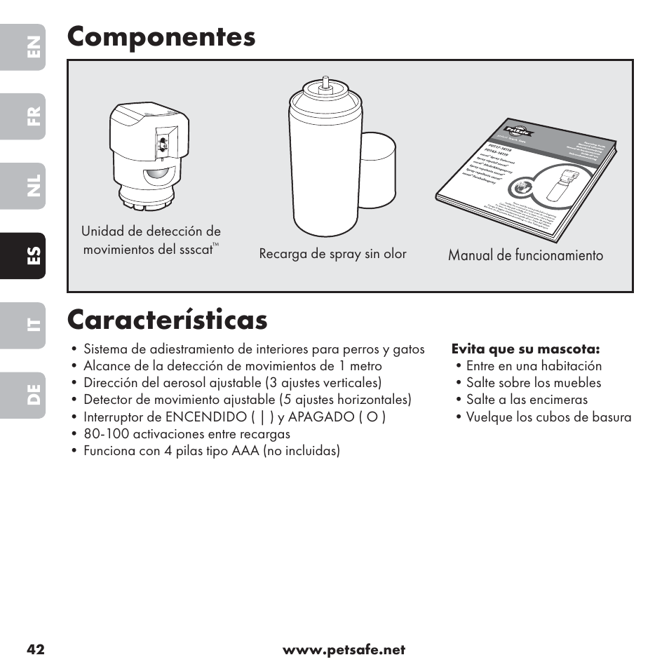 Componentes, Características | Petsafe ssscat™ Spray Deterrent User Manual | Page 42 / 76