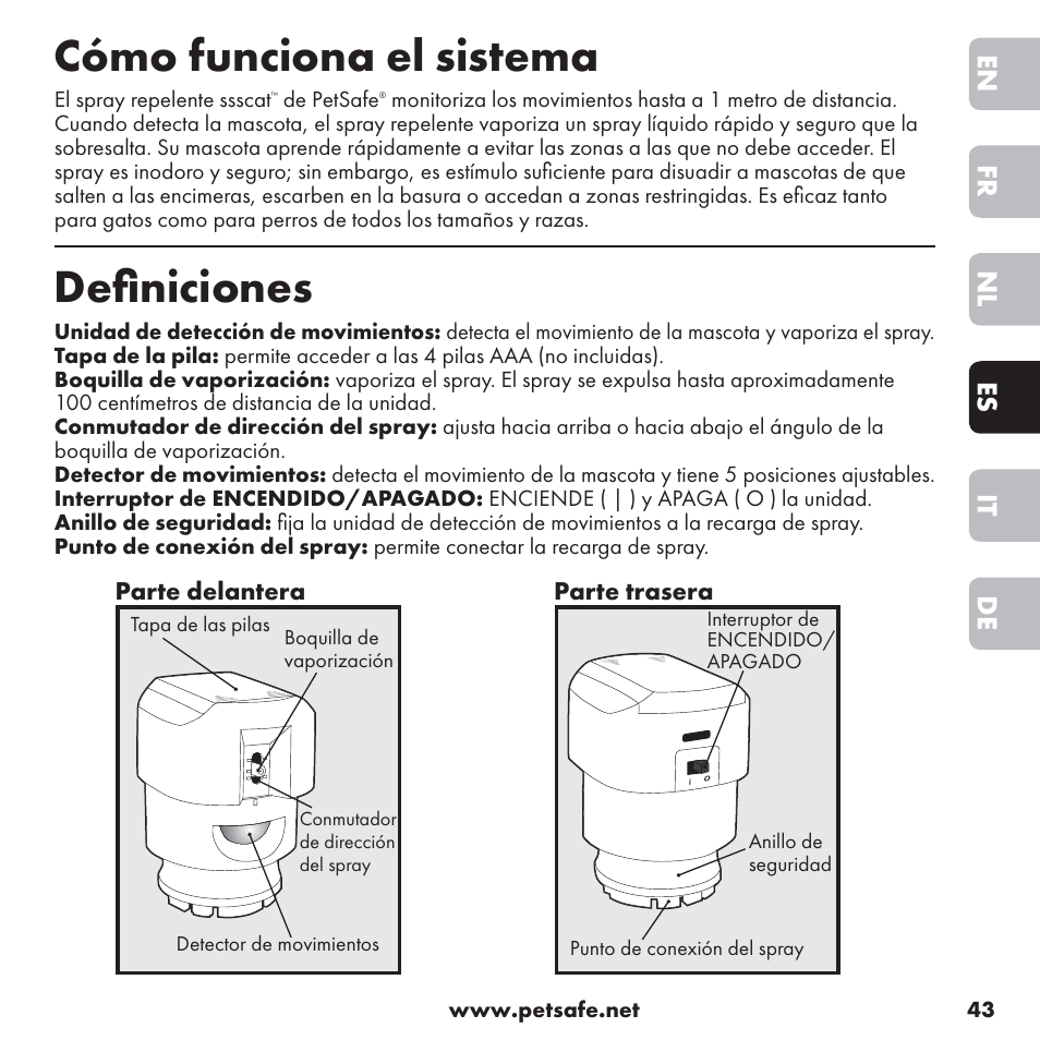 Cómo funciona el sistema, Deﬁ niciones, De it es nl fr en | Petsafe ssscat™ Spray Deterrent User Manual | Page 43 / 76