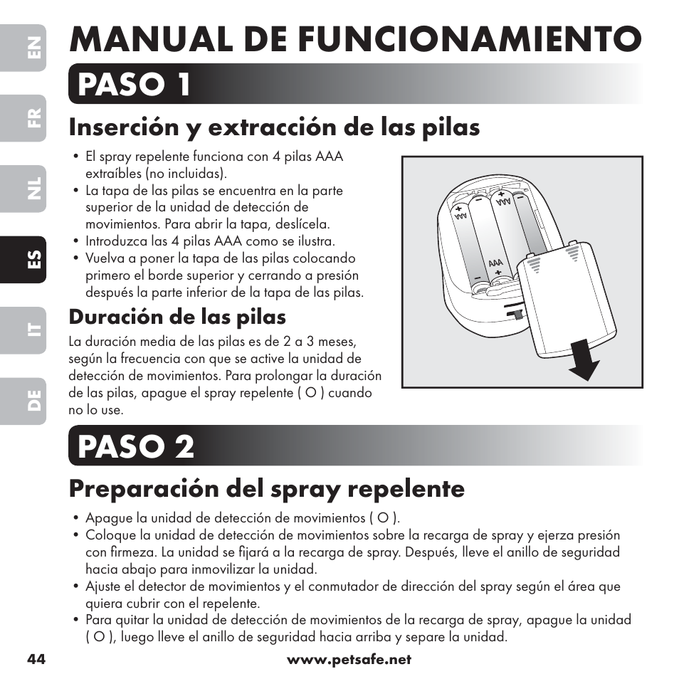 Manual de funcionamiento, Paso 1, Paso 2 | Inserción y extracción de las pilas, Preparación del spray repelente, Duración de las pilas | Petsafe ssscat™ Spray Deterrent User Manual | Page 44 / 76