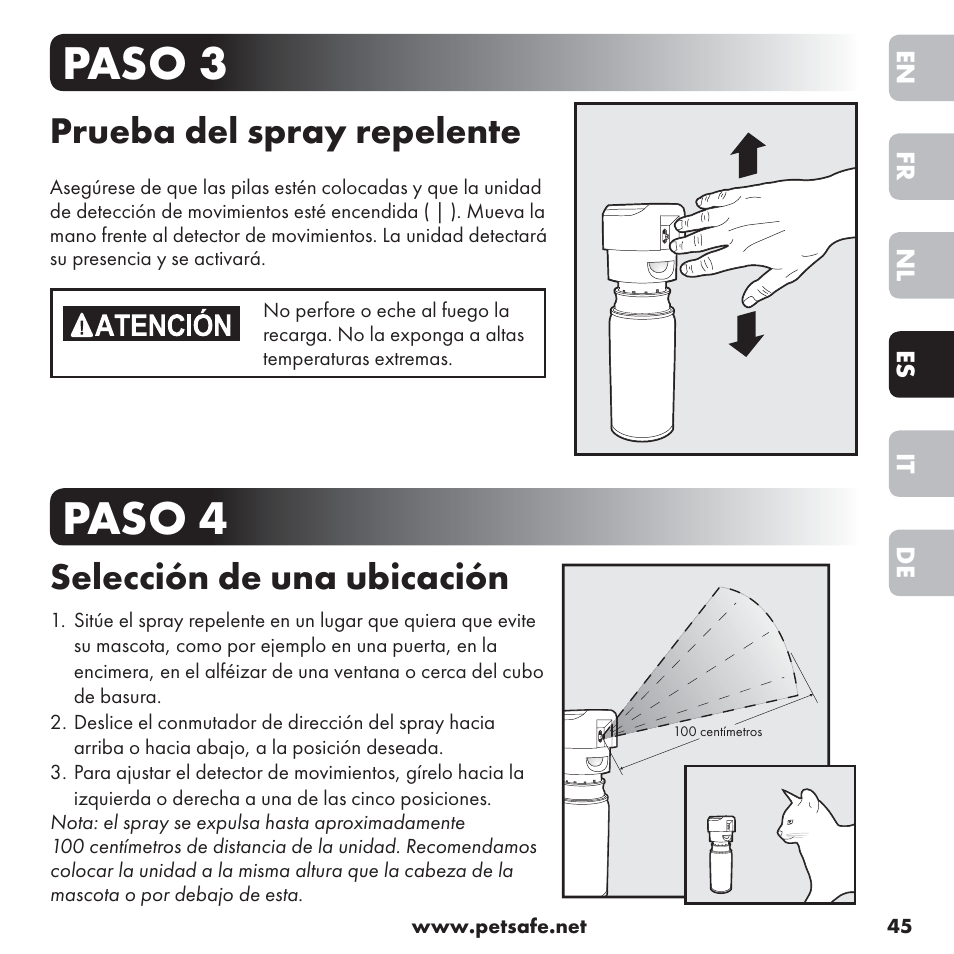 Paso 3 paso 4, Prueba del spray repelente, Selección de una ubicación | Petsafe ssscat™ Spray Deterrent User Manual | Page 45 / 76