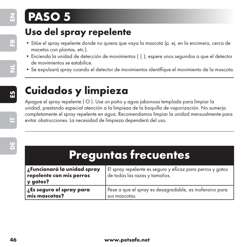 Preguntas frecuentes, Paso 5, Cuidados y limpieza | Uso del spray repelente | Petsafe ssscat™ Spray Deterrent User Manual | Page 46 / 76