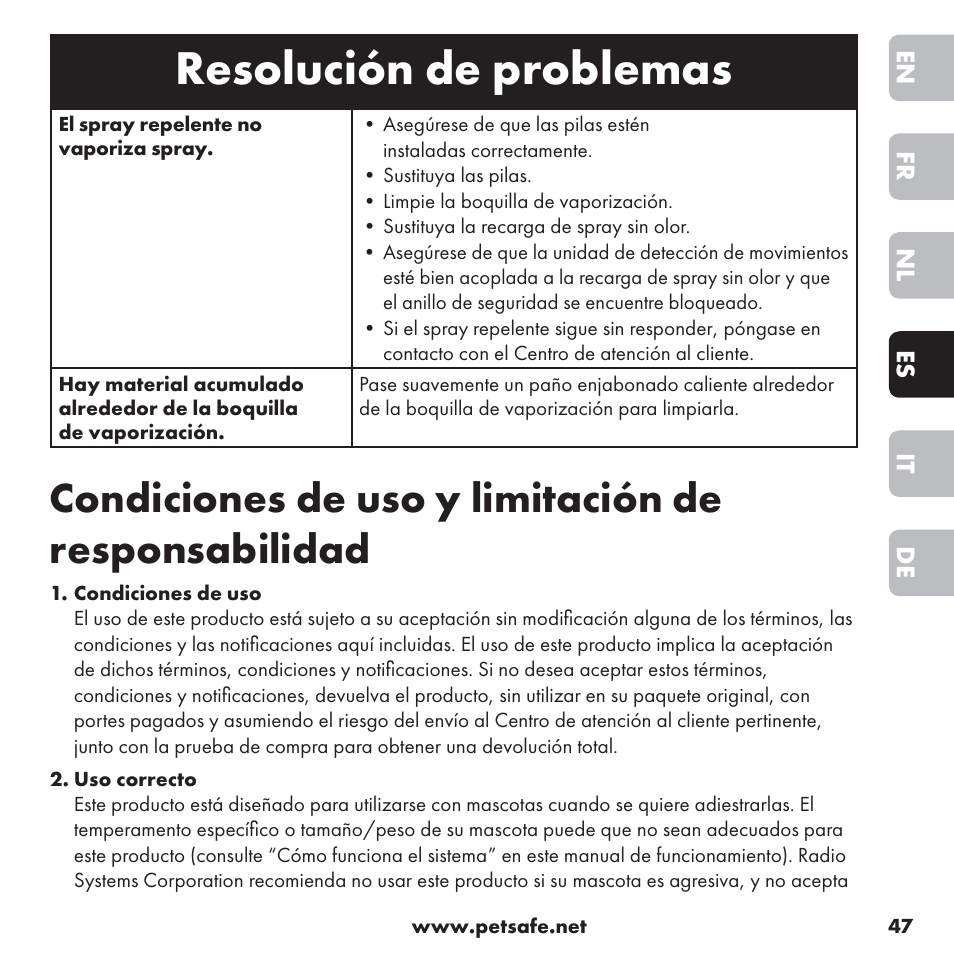 Resolución de problemas, Condiciones de uso y limitación de responsabilidad | Petsafe ssscat™ Spray Deterrent User Manual | Page 47 / 76