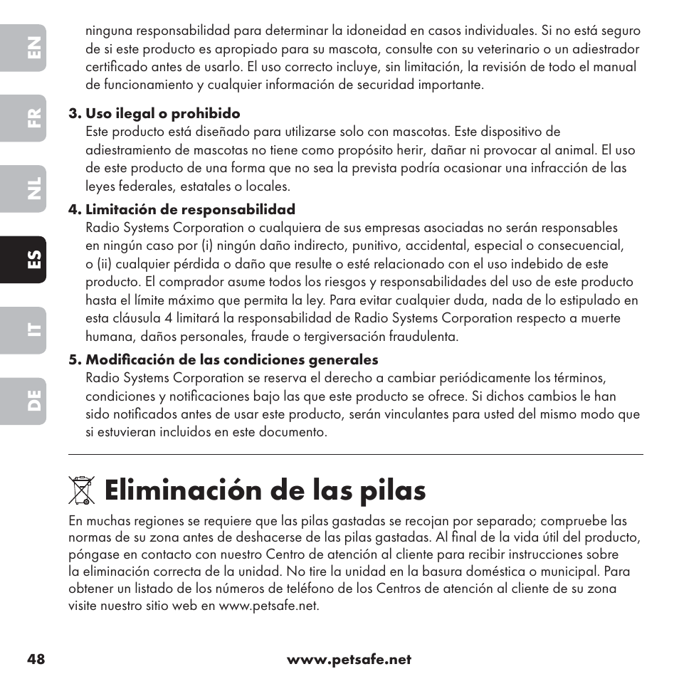 Eliminación de las pilas | Petsafe ssscat™ Spray Deterrent User Manual | Page 48 / 76