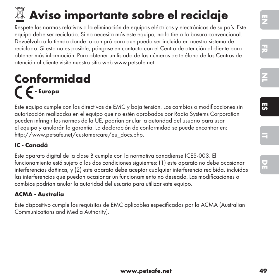 Aviso importante sobre el reciclaje, Conformidad | Petsafe ssscat™ Spray Deterrent User Manual | Page 49 / 76