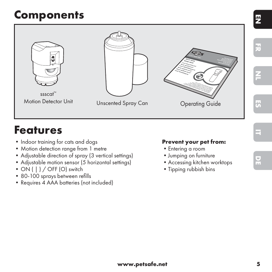 Components, Features | Petsafe ssscat™ Spray Deterrent User Manual | Page 5 / 76