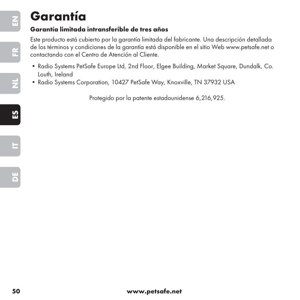 Garantía | Petsafe ssscat™ Spray Deterrent User Manual | Page 50 / 76