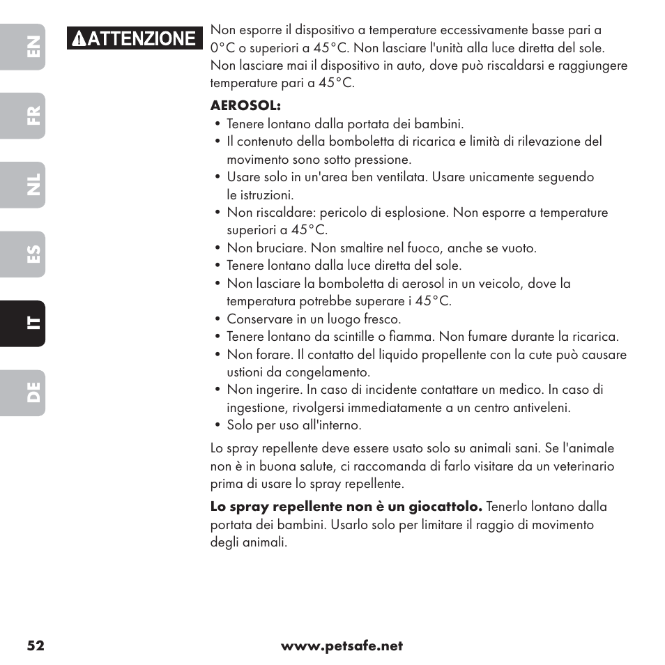 En fr nl es it de | Petsafe ssscat™ Spray Deterrent User Manual | Page 52 / 76