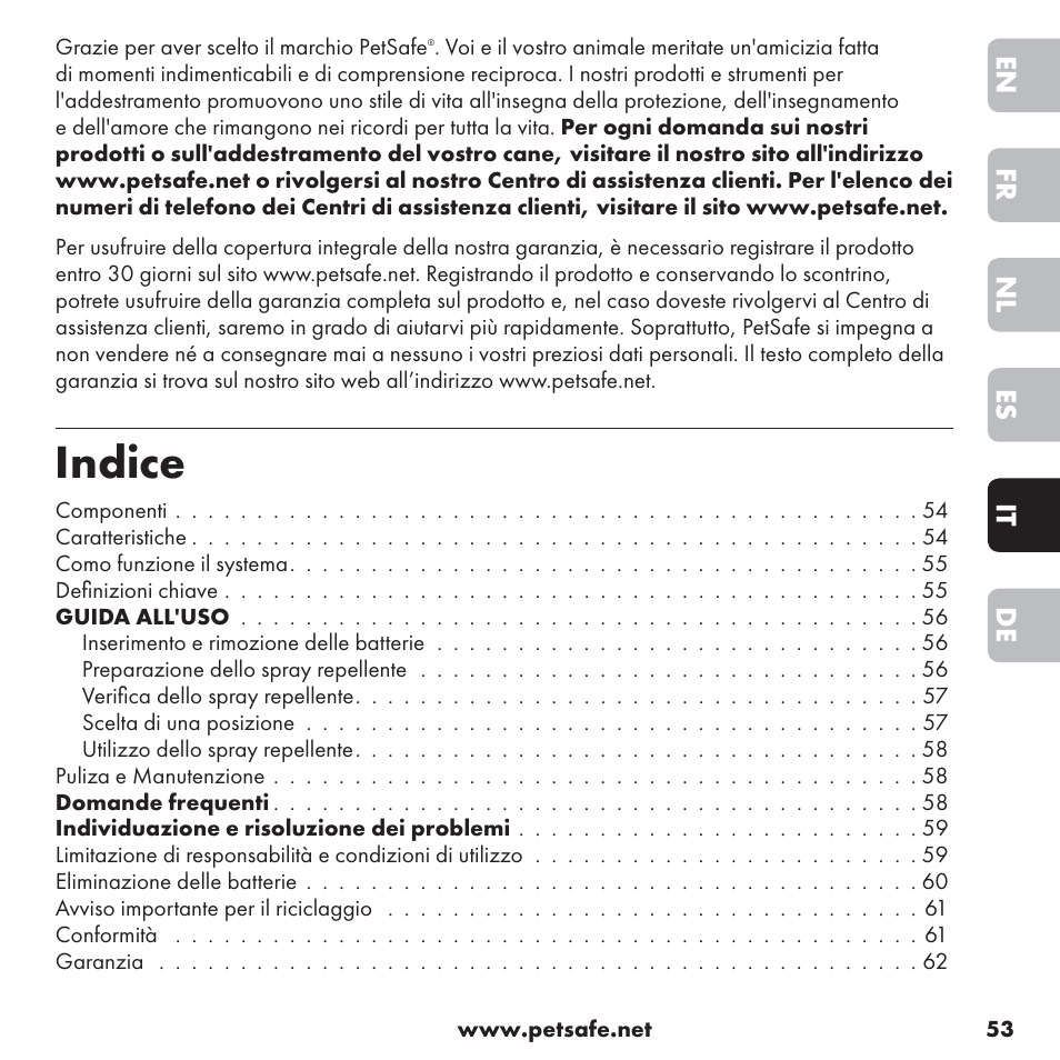 Indice | Petsafe ssscat™ Spray Deterrent User Manual | Page 53 / 76