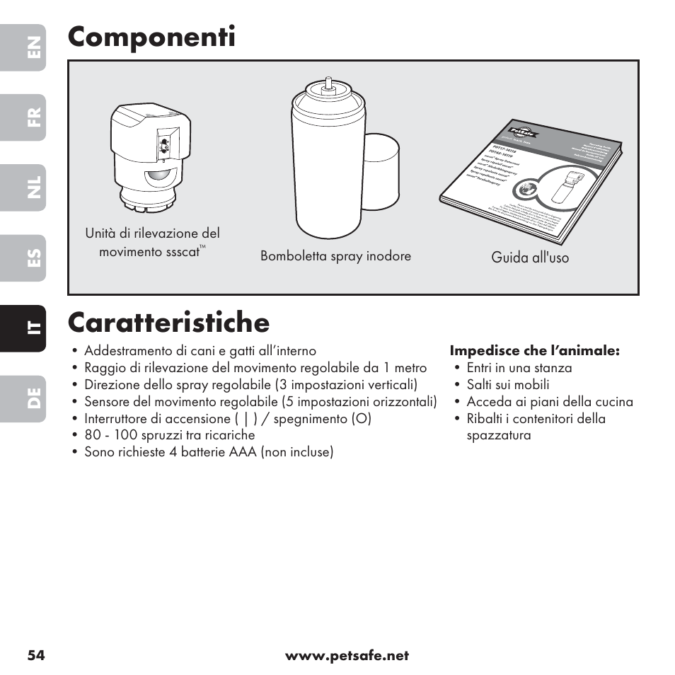 Componenti, Caratteristiche | Petsafe ssscat™ Spray Deterrent User Manual | Page 54 / 76