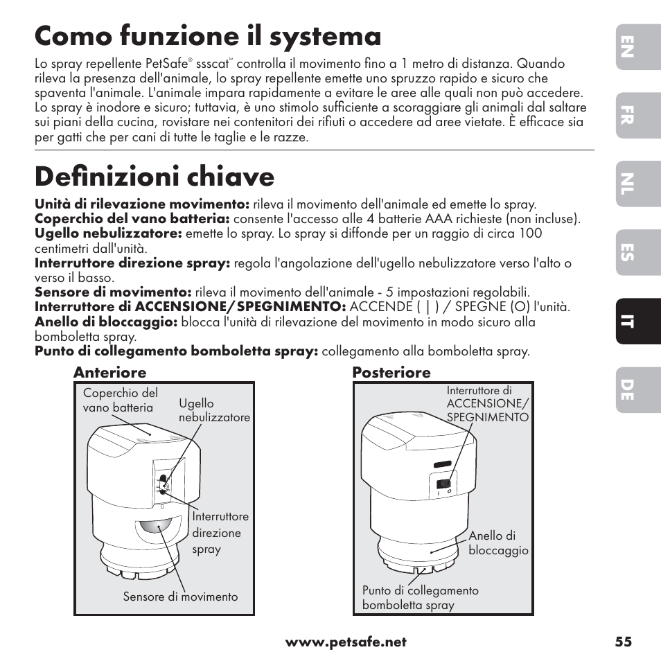 Como funzione il systema, Deﬁ nizioni chiave, De it es nl fr en | Petsafe ssscat™ Spray Deterrent User Manual | Page 55 / 76