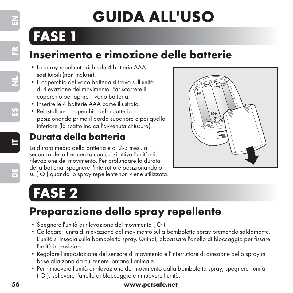 Guida all'uso, Fase 1, Fase 2 | Inserimento e rimozione delle batterie, Preparazione dello spray repellente, Durata della batteria | Petsafe ssscat™ Spray Deterrent User Manual | Page 56 / 76