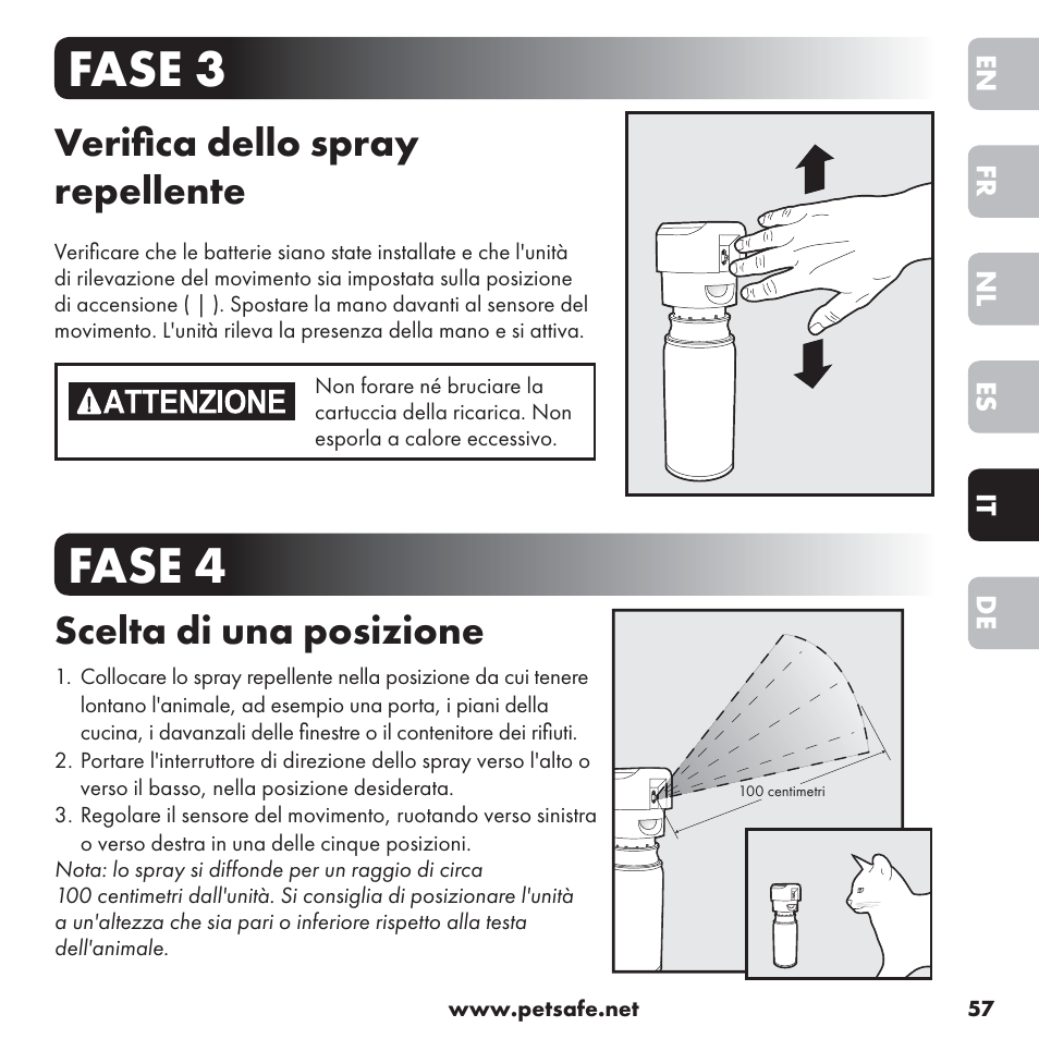 Fase 3 fase 4, Veriﬁ ca dello spray repellente, Scelta di una posizione | Petsafe ssscat™ Spray Deterrent User Manual | Page 57 / 76