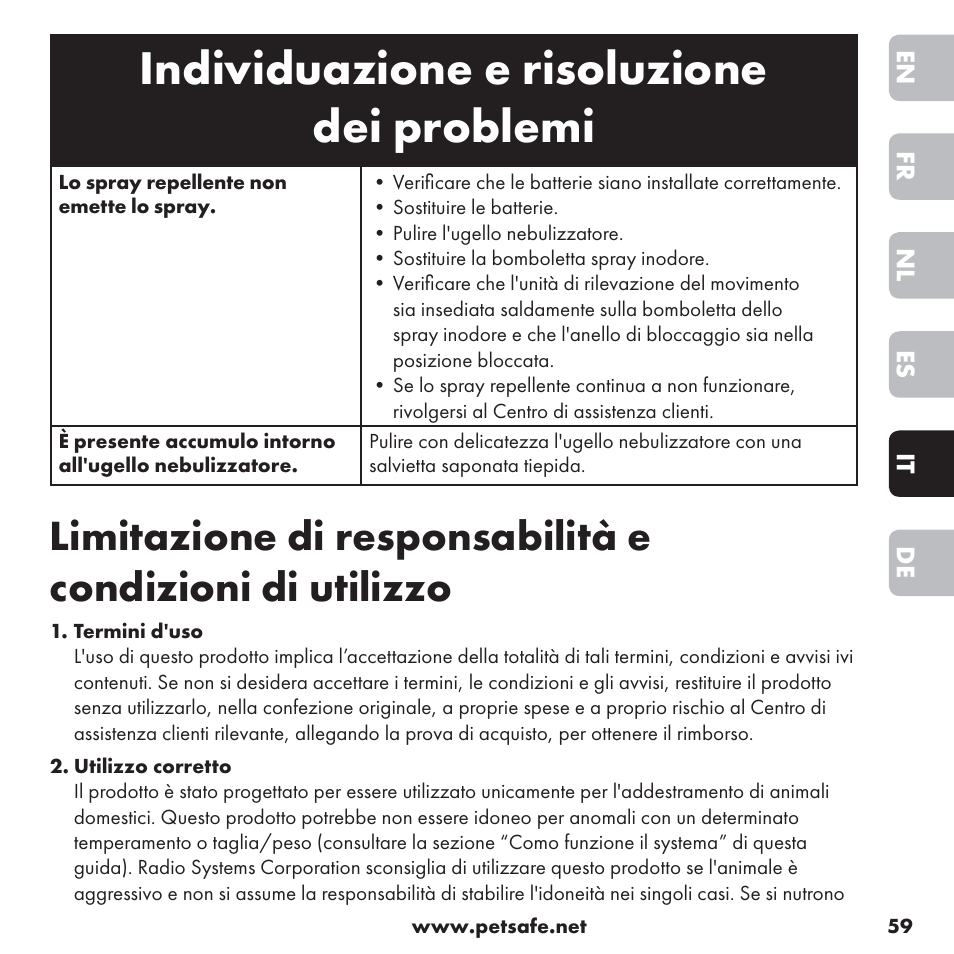 Individuazione e risoluzione dei problemi | Petsafe ssscat™ Spray Deterrent User Manual | Page 59 / 76