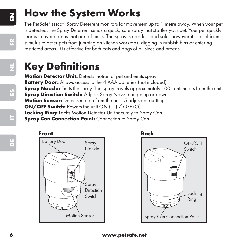 How the system works, Key deﬁ nitions, En fr nl es it de | Petsafe ssscat™ Spray Deterrent User Manual | Page 6 / 76