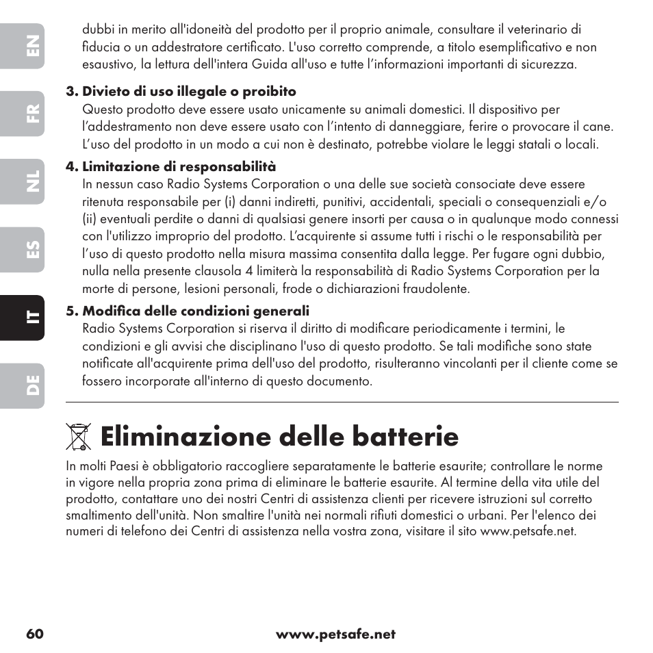 Eliminazione delle batterie | Petsafe ssscat™ Spray Deterrent User Manual | Page 60 / 76