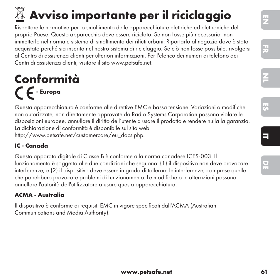 Avviso importante per il riciclaggio, Conformità | Petsafe ssscat™ Spray Deterrent User Manual | Page 61 / 76