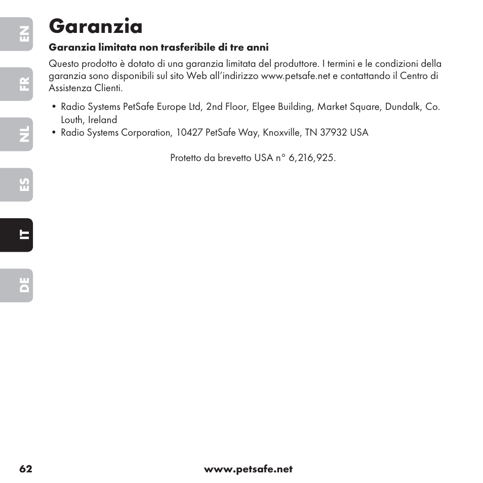 Garanzia | Petsafe ssscat™ Spray Deterrent User Manual | Page 62 / 76