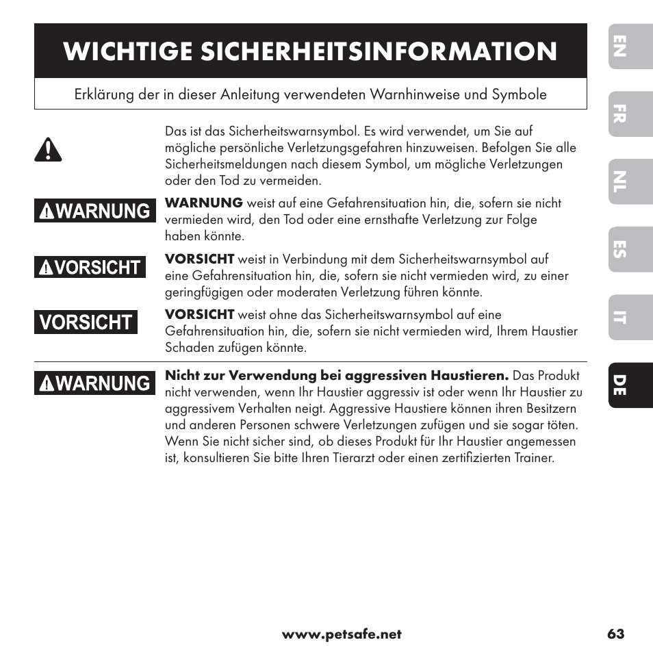 Wichtige sicherheitsinformation | Petsafe ssscat™ Spray Deterrent User Manual | Page 63 / 76