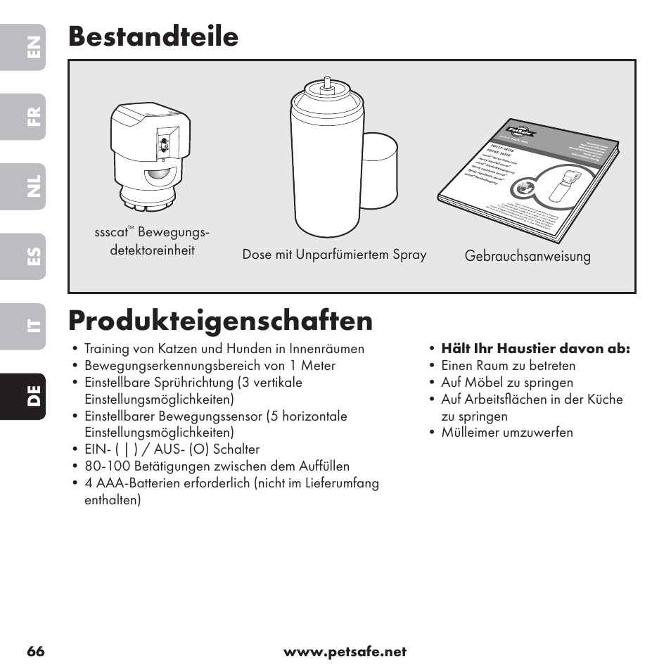 Bestandteile, Produkteigenschaften | Petsafe ssscat™ Spray Deterrent User Manual | Page 66 / 76