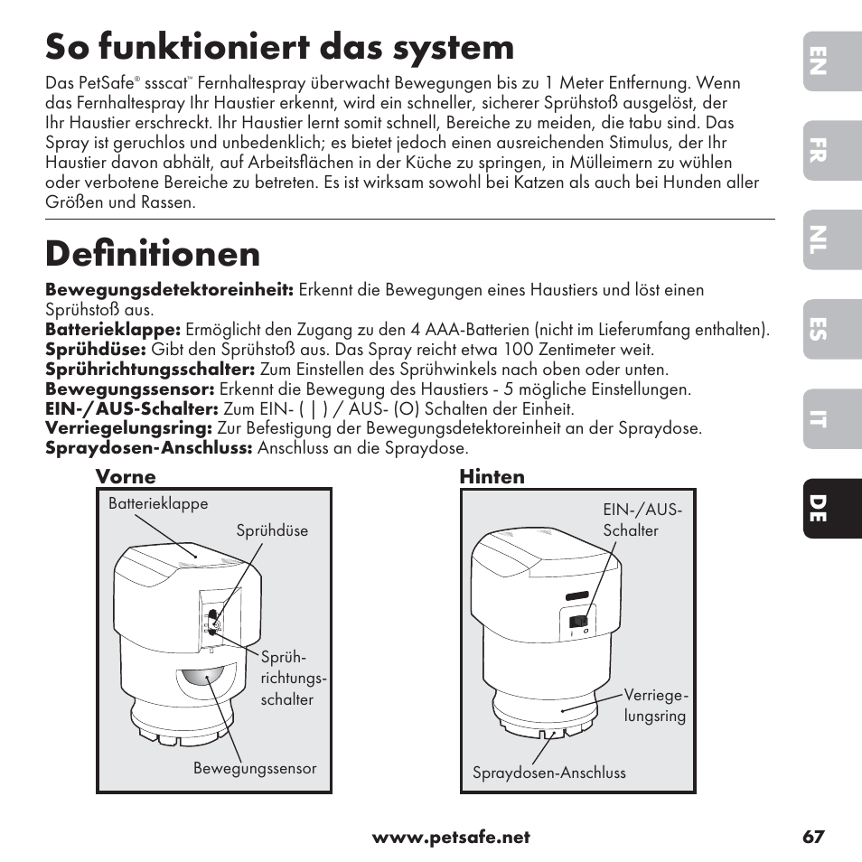 So funktioniert das system, Deﬁ nitionen, De it es nl fr en | Petsafe ssscat™ Spray Deterrent User Manual | Page 67 / 76