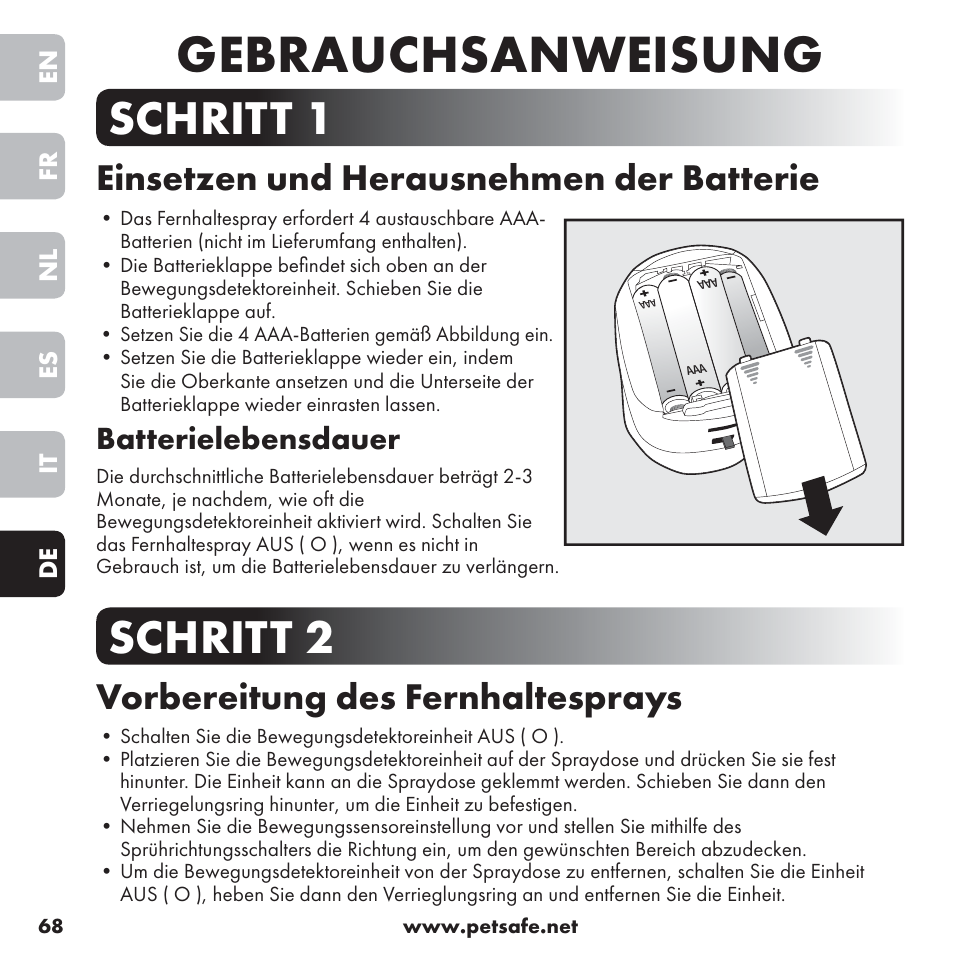 Gebrauchsanweisung, Schritt 1, Schritt 2 | Einsetzen und herausnehmen der batterie, Vorbereitung des fernhaltesprays, Batterielebensdauer | Petsafe ssscat™ Spray Deterrent User Manual | Page 68 / 76