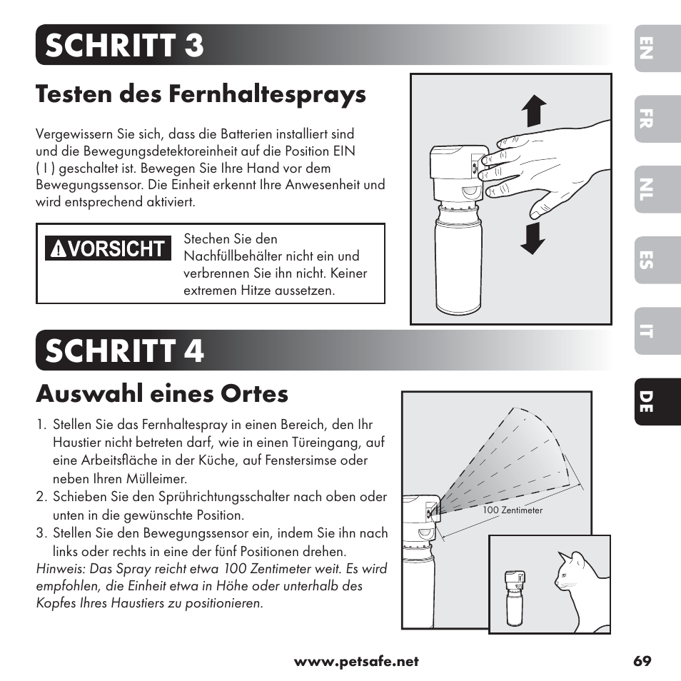 Schritt 3 schritt 4, Testen des fernhaltesprays, Auswahl eines ortes | Petsafe ssscat™ Spray Deterrent User Manual | Page 69 / 76