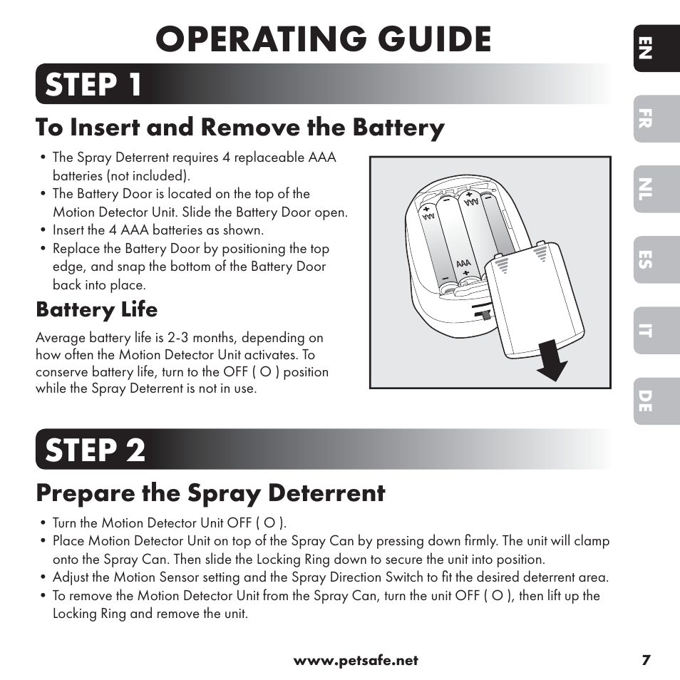 Operating guide, Step 1, Step 2 | Prepare the spray deterrent, Battery life | Petsafe ssscat™ Spray Deterrent User Manual | Page 7 / 76