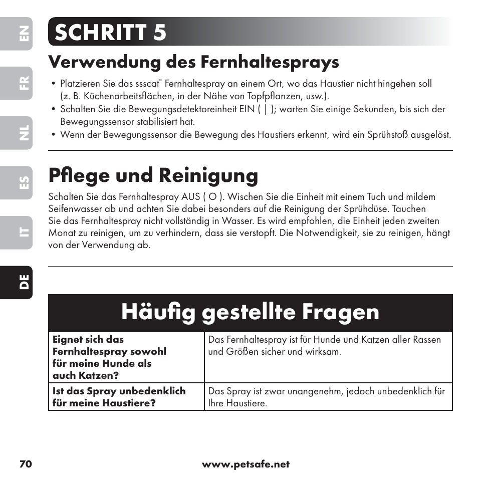 Häuﬁ g gestellte fragen, Schritt 5, Pﬂ ege und reinigung | Verwendung des fernhaltesprays | Petsafe ssscat™ Spray Deterrent User Manual | Page 70 / 76